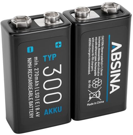 ABSINA 2X Pilas 9V Recargables 300 con Baja Autodescarga - Pila 9V de Bloque NiMH con 8,4V y al Menos 270mAh - Pila 9V Recargable, 9V Battery, bateria 9V, Pila 9V 6LR61, Pila Recargable 9V, 6F22 9V