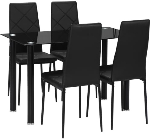 HOMCOM Set Tavolo da Pranzo con 4 Sedie Tavolo Rettangolare in Vetro Nero | Vetro Temperato e Acciaio, Sedie Imbottite con Schienale Alto, per Cucina e Salotto