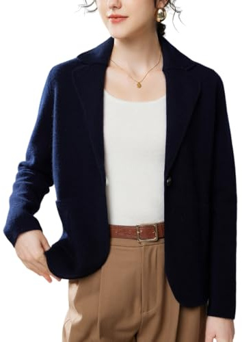 DISSA Cardigan Cachemire Femme Bleu Revers façon Blaze Tricoté Mince Manches Longues épais Pull en Cachemire et Laine,EU 44,ZSBR8453