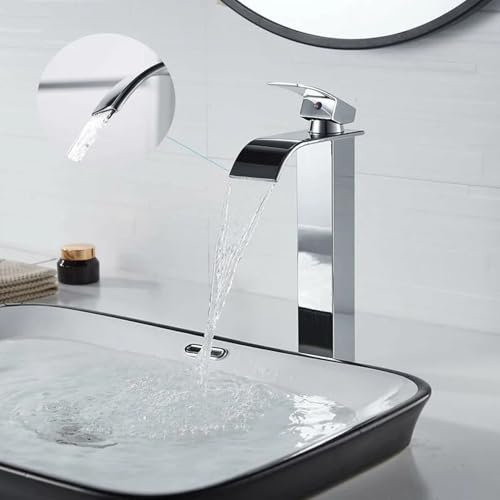 Modern Tall Basin Mixer Tap, Single Lever Bathroom Sink Tap with Waterfall Design, Hot & Cold Water, Lead-Free Brass Faucet, Chrome Finish, Stylish Countertop Tap for Bathroom