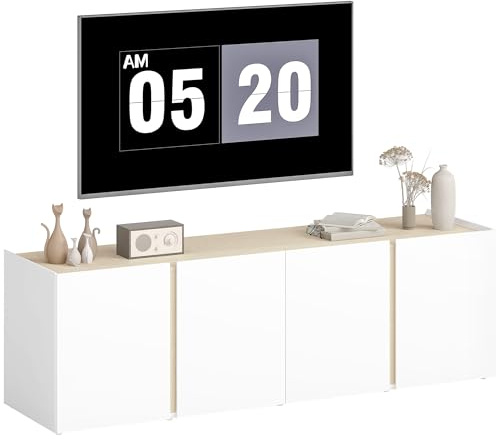 HOMCOM TV Schrank Lowboard für Fernseher bis zu 65 Zoll, 135 cm lang Hochglanz Fernsehtisch mit Verstellbaren Ablagen, Kabelmanagement, 4 Soft-Close-Türen für Wohnzimmer Weiß