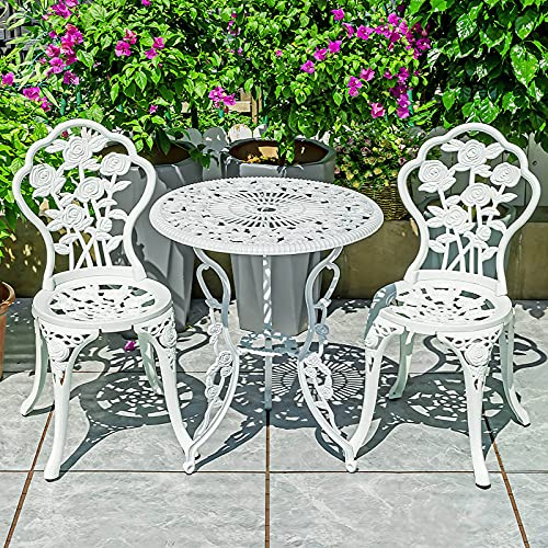 Juego de bistró de 3 piezas para exteriores, muebles de patio de aluminio fundido resistente al óxido con diseño tallado de rosas, mesa y sillas con agujero para sombrilla para jardín, balcón, porche