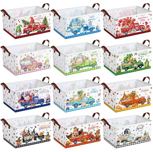 CHENGU 12 Pack Large Holiday Gifts Baskets Empty Collapsible Seasonal Storage Bin St Patricks Day Easter Canvas Laundry Basket Foldable Box with Handle for Home Office Bedroom Clothes Toys