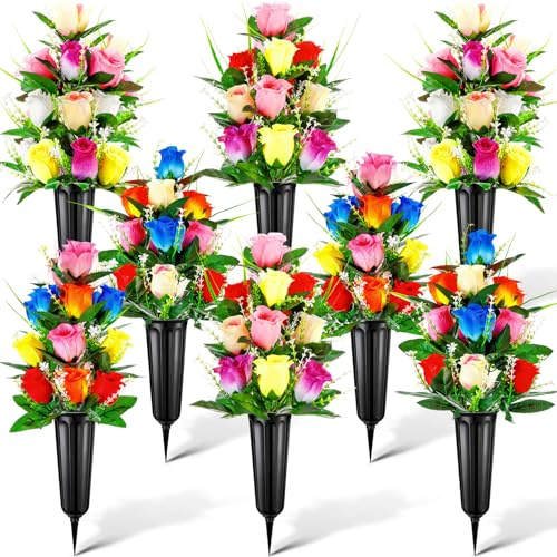 Quzzil 8 Set 16 Pcs Cemetery Vase Flowers, Colorful Roses, Black