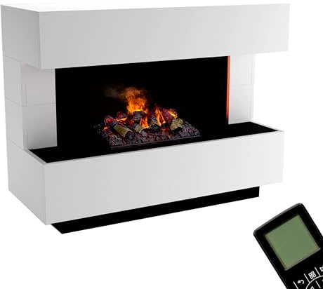 GLOW FIRE Wasserdampf Kamin Kant (Standkamin) - Elektrokamin mit realistischen LED 3D-Flammen, Knistereffekt & Fernbedienung, 120x93x50 cm - Opti-Myst 500 Elektro Kamin mit Holz-Deko, Weiß