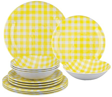 UPware 12 Piece Gingham Melamine Dinnerware Sets, Outdoor Dishes Set, Plates and Bowls Sets, Service for 4, Yellow