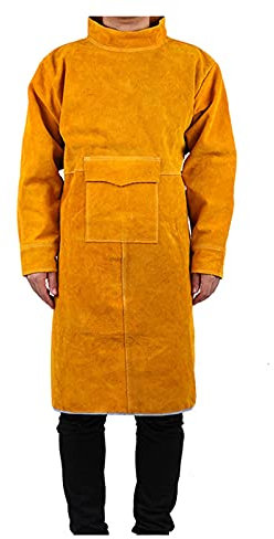 Lederschürze Schweißerschürze aus Leder mit Ärmeln, Flammhemmende Rindslederschürze mit Aufbewahrungstaschen, Werkstattarbeitsschürze (Color : Yellow, Size : 105cm)