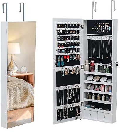 LEADZM Schmuckschrank Hängend, Wandspiegel, Spiegelschrank, Abschließbarer Wandschrank, Hängeschrank, Schmuckaufbewahrung, Schmuck-Organizer, 37 x 10 x 108 cm, Weiß