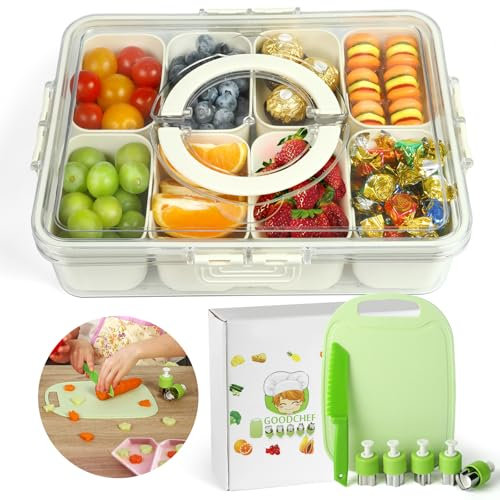 Goodchef Kinder Serviertablett Snackschalen Dipschalen Sicherheit Kindermesser Set für echtes Kochen von Obst oder Gemüse mit Kochmesser, 8 Tellern Tragbare Snack-Platten Behälter, Ausstecher