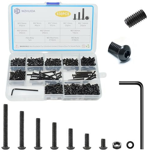 WZHUIDA Set di 630 viti M3, nero, metriche a testa bombata a esagono incassato viti e rondelle, set di 630 pezzi, per macchine filettate, viti esagonali
