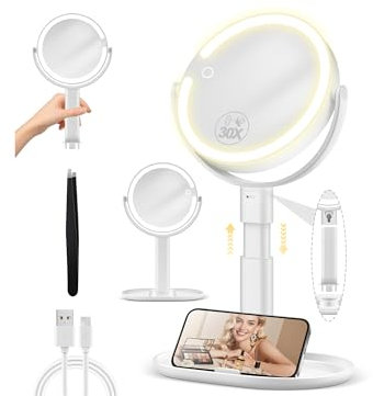 MOMOKUBA Kosmetikspiegel mit Beleuchtung, Schminkspiegel mit Beleuchtung Höhenverstellbarer, Vergrößerungsspiegel mit Licht 30-Fach, Doppelseitig 360° Drehbar, 3 Farbiger Rund Spiegel mit Licht Weiß