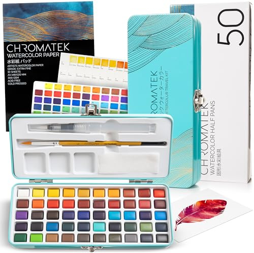 CHROMATEK Watercolour Paint Set – 50 Vivid colours Including Transparent, Opaque & Pastel – Art Kit with Brush, Water Pen, Palette, colour Chart, Swatch Sheets, Pad & Metal Travel Case