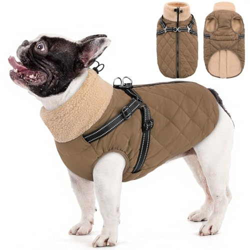 Queenmore Dog Jackets for Medium Dogs, Dog Coat with Harness Built in, Waterproof Pet Winter Coat with Zipper On Back Doggy Snowsuits Warm Soft Pet Jacket for French Bulldog, Poodle, Corgi, Brown M