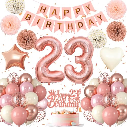 Decoración de cumpleaños número 23, decoración de cumpleaños para mujer en rosa y rosegold, decoración de cumpleaños de 23 años para mujer, globos de aire del 23 cumpleaños feliz cumpleaños guirnalda
