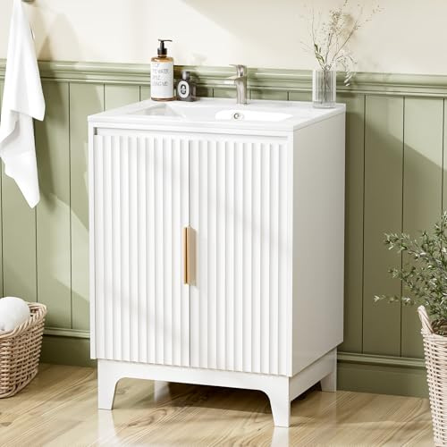 Bonnlo 24 inch Bathroom Vanity Unit with Basin, Small Under Sink Bathroom Cabinet with Slatted Door, White Finish Vanity Unit with Ceramic Sink for Compact Cloakroom