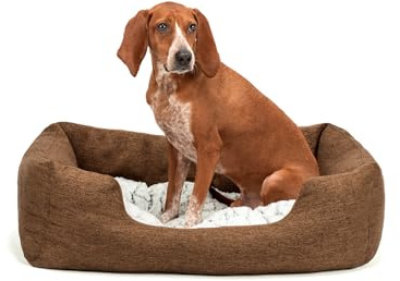 lionto Dog Basket with Fluffy Reversible Cushion, 80 x 60 cm, Brown | Durable mottled pet bed with low entry and easy-care material, suitable as dog bed and cat bed, cosy sleeping place