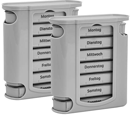 2x WELLGRO Tablettenbox für 7 Tage - je 4 Fächer pro Tag, 11,5 x 4,5 x 13 cm (BxTxH) - Farbe wählbar, Farbe:Grau