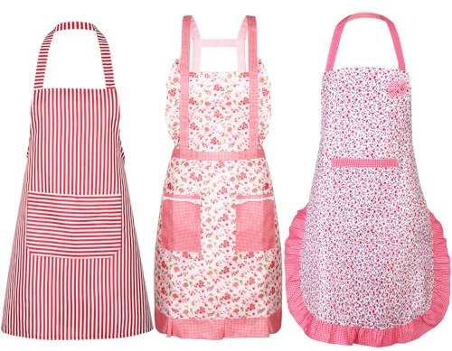 SATINIOR 3 Pack Floral Aprons for Women with Pockets - Adjustable Waist Waterproof Kitchen Apron for Cooking, Baking, Gardening, Gift for Mom, Wife, Grandma