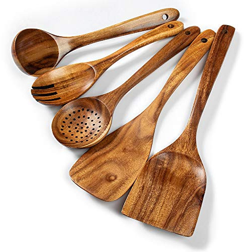 Wood Kitchen Utensils Set, 5 PCs Natural Acacia Wooden Spoons For Cooking for Non-stick Skillet, Utensil set For Cooking With Soup Ladle and Wok Spatulas, Salad fork, Spurtles for Cooking