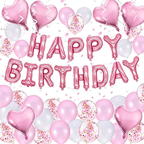 Geburtstagsdeko Mädchen, Rosa Luftballons Geburtstag Rosa Happy Birthday Girlande und Helium Folie Herz Rosa Weiß Party Deko Set Konfetti Ballons für Mädchen Frauen Kindergeburtstag Deko