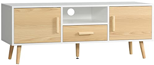 HOMCOM TV-Bank, TV-Halterung für Fernseher bis 46 Zoll, Möbel Wohnzimmer, skandinavischer Stil, mit 1 Schublade, 2 Schränke, 1 Nische, 1 Kabeldurchführung – 120 x 37 x 45,5 cm