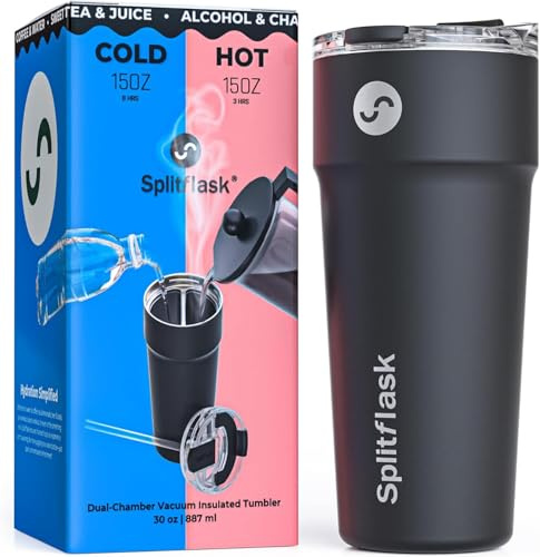 Splitflask 2 in 1 Insulated Tumbler - 850ml Dual Chamber Insulated Coffee Cup, Leakproof Stainless Steel Tumbler, Hot and Cold Drinks, Travel Friendly, Perfect for Mums - Black