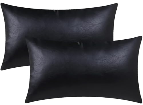 Muka Paquetes de 2 Fundas de Cojínes en Cuero PU 30 x 50 cm, Piel Sintética Decorativa para Sofá y Cama, Diseño Moderno para Salón, Sin Relleno, Negro