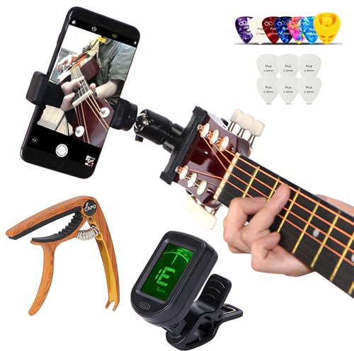 RockCheems Guitar Accessories for Beginners - 1 Ukulele Bass Guitar Phone Holder for Live Broadcast Video Recording,1 Guitar Capo, 1 Guitar Tuner With Guitar Picks
