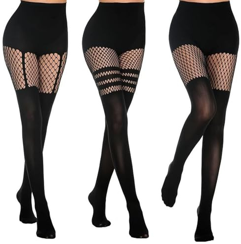 TZMFHD 3 Pcs Suspender Tights, Suspender Opaque Fishnet Stockings, Thigh High Pantyhose Gifts For Ladies Fashionable Pattern, Suitable For Many Occasions And Outfits(Black)