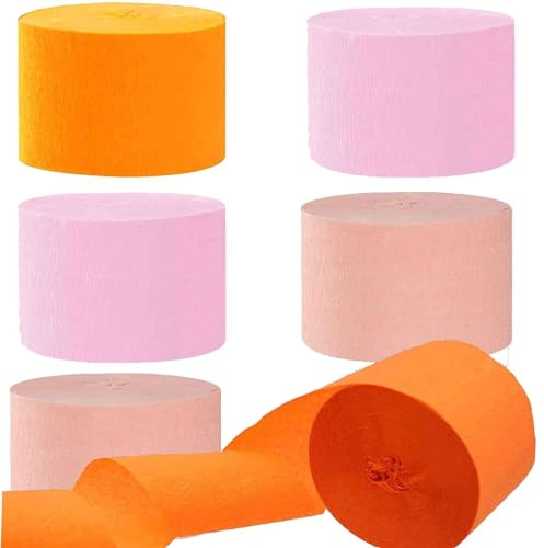 We Moment Zone 6 Rolls Orange Pink Peach Crepe Paper Streamers(Each Roll 25M x 4.5CM),Orange Pink Party Decorations Streamer for Girl Birthday Baby Shower Wedding Party Decorations