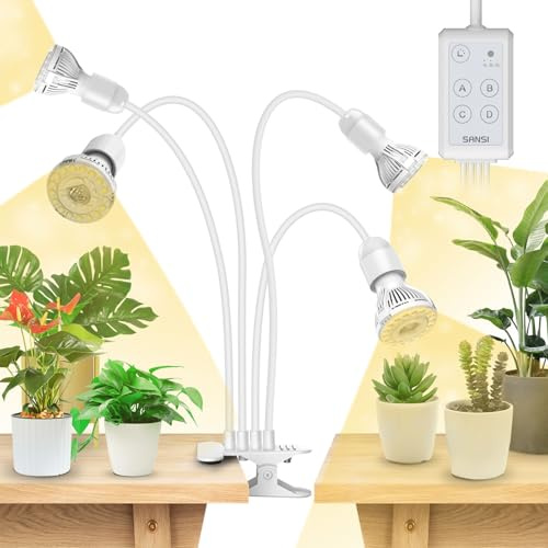 SANSI Lámpara de Cultivo Plantas 40W (600W eq.) de Espectro Completo 4000K, Luces de Crecimiento Ajustable en Altura con Temporizador Automático 4/8/12H para Plantas de interior-Blanco