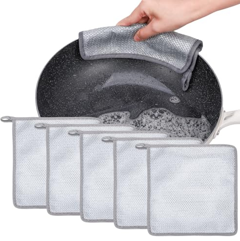 saerryor Dishwashing Cloths Stainless Steel Wire, 5 Pcs New 3 Layer Dishcloth Wire with Lanyard Dishwashing Rags for Wet and Dry Use, Reusable Non-Scratch Cleaning Cloth for Kitchen Sinks Bowl