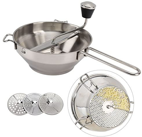 Mulino di cibo rotativo, motato manuale in acciaio inossidabile macinacata di patate con 3 dischi intercambiabili per verdure per alimenti per bambini