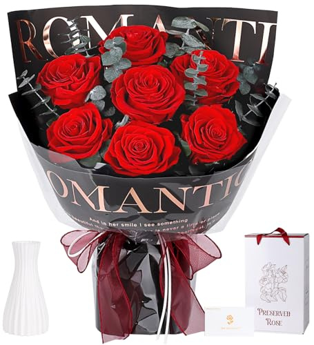 Ramo de 7 Rosas con Vaso, Ramo de Flores Eternas, Rosa Real Conservada Eterna, Regalos para Mujer, Esposa, Novia en Cumpleaños, Aniversario, Día de San Valentín, Día de la Madre (Negro)