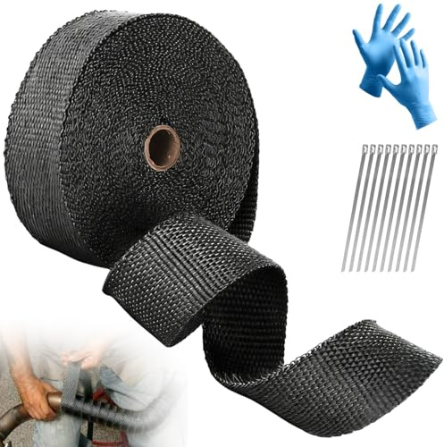 10M Hitzeschutzband Auspuff mit 10 Kabelbinder Edelstahl & Handschuhe, Basaltfaser Dichtband Hitzeschutz, Auspuffband Isoliert Selbstklebend für Motorrad Fächerkrümmer,Krümmerband,Thermoband (Schwarz)
