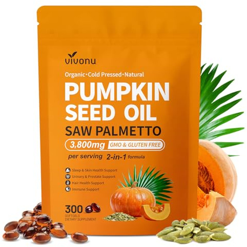 VivoNu Aceite de Semilla de Calabaza - Saw Palmetto & Pumpkin Seed oil - 3000 mg - apoya el crecimiento del cabello, apoya la salud de la próstata - 300 unidades - Libre de Soja, Sin Gluten y Sin OMG
