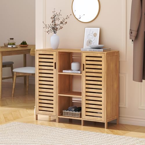 [en.casa] Mobile Contenitore a 2 Elementi Armadietto Multiuso a 2 Ante con Ripiani e 3 Vani Scomparti Aperti Mobile Modulare per Bagno Soggiorno Ingresso 87x99x33 cm in Bambù Naturale
