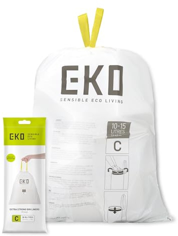 EKO 10-15 Litre Drawstring Bin Bags, Heavy Duty Kitchen Bin Liners for Multi Compartment Bins, Leakproof and Tear-Resistant for Waste & Recycling, Unscented Food Waste Bags, 20 Count, Code C, White