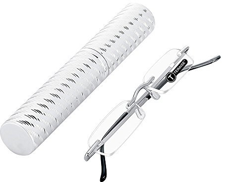 TERAISE Upgrade Lightweight Reading Glasses Frameless Readers clear lens for Men and Women w/Pen Clip Tube Case, 2.0x, Silver