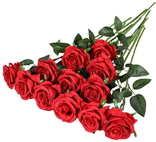 Hawesome 12PCS Künstliche Rosen Gefälschte Blumen Einzelne Lange Stielrosen Hochzeitsdekoration Brautstrauß Dekorative Blumenarrangement Dekoration Party Mittelstücke in Rot Weiß (A Rot)