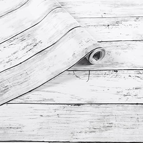 Arthome vinilo adhesivo muebles Madera Blanco Gris, 44cmx3m Papel Pintado Autoadhesivo, Contacto Papel Adhesivo Decorativo para Encimeras, Armarios, Removible Pared Vintage con Tablones Madera