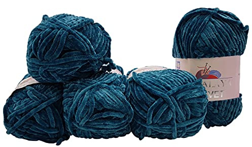 Chenille 5 x 100 Gramm Himalaya Velvet Micro-Polyester Strickwolle , Babywolle samtig 500 Gramm Wolle (petrol 90048)