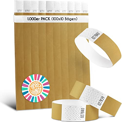 Farbenbande® - 1000 nastri d'ingresso dorati, 19 mm, in Tyvek/feste, resistenti agli strappi, impermeabili e numerati, per feste, festival, feste