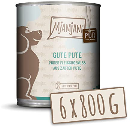 MjAMjAM - Premium Nassfutter für Hunde - purer Fleischgenuss - gute Pute pur 800g, 6er Pack (6 x 800g), naturbelassen mit extra viel Fleisch