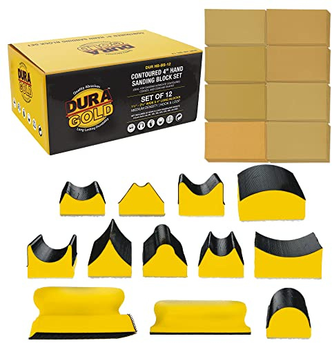 Dura-Gold 12-Piece Contoured Profile 4 Hand Sanding Block Set with 40 Sheet Hook & Loop Sandpaper Kit - Interchangeable Assorted Convex & Concave Shapes - Sand Wood Woodworking Furniture, Auto Paint