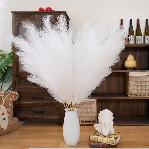 Erba di Pampa Alta per Decorazione, Pampas Grandi Floreali Spugnose 8 Pezzi 110cm/43, Fiori di Piume Lunghe per Arredamento Boho da Matrimonio Soggiorno (8 Pezzi 110cm/43, Bianco)