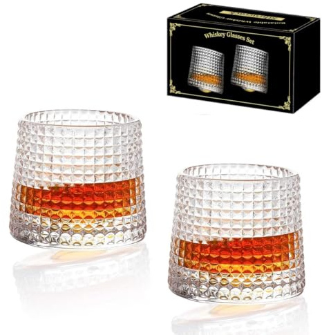 Sthrucrack Vasos de Whisky Giratorios de Descompresión - Juego Old Fashioned de 2 Cristalería Estilo Bar para Bourbon Whisky Escocés Ron (Paquete de 2 a Cuadros, 300ml(10oz))