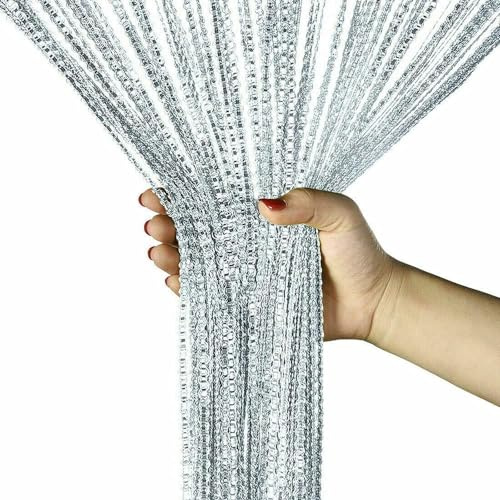 String Curtain Panel, Glitter Door Wall Window Doorways Panel Fly Screen Fringe Room Divider Blind,Decorative Tassel Ribbon Strip Silver Screen for Living room, Bedroom, Party Event (Sliver)