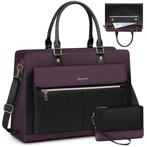 RAINSMORE Laptop Bags Handbags for Women 15.6 Inch PU Leather Large Tote Bag Work Bag with Clutch Bag Designer Women's Bags Ladies Laptop Handbag for School Purple