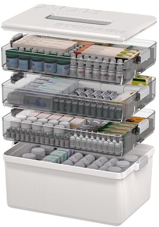 Citylife 4-Layer Medicine Storage Box, Medication Storage Box with Handle, Household Medical Organiser Portable Emergency First Aid Container for Home Cabinet Office Travel Car School